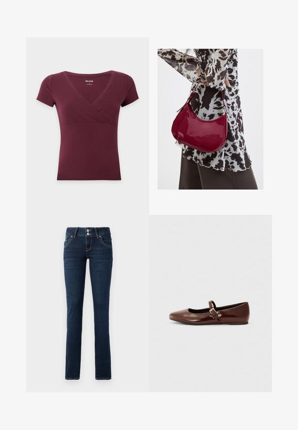 Burgunderrotes Damen-Top mit kurzen Ärmeln, V-Ausschnitt in Wickeloptik und taillierter Taille, Größe Small von Hollister auf weißem Hintergrund.; Dunkelblaue Skinny-Jeans mit doppelt-knopfverschluss, Fronttaschen und gelben Nähten auf einem weißen Hintergrund.; Braune Lackleder-Ballerinas mit quadratischer Zehenform und Riemen mit einer kleinen goldenen Schnalle. Glatte Textur, niedriger Absatz und minimalistisches Design.; Frau trägt eine schwarz-weiß gemusterte Bluse und hält eine glänzende rote Schultertasche vor einem einfarbigen Hintergrund.
