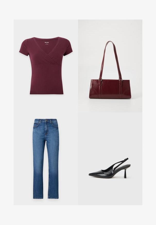 Burgunderrotes Damen-Top mit kurzen Ärmeln, V-Ausschnitt in Wickeloptik und taillierter Taille, Größe Small von Hollister auf weißem Hintergrund.; Blaue Denim-Jeans mit geradem Bein, hoher Taille, fünf Taschen und dezenter Naht entlang der Nähte. Glatte Textur.; Schwarzer Leder Slingback High Heel Schuh mit spitzer Zehenpartie und schmalem Absatz auf einem weißen Hintergrund.; Burgunderfarbene Handtasche aus glänzendem Material, rechteckige Form, mit zwei Schulterriemen und subtilen, geschwungenen Akzenten an der Vorderseite.