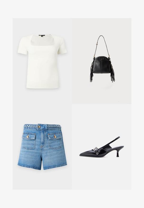 Haut blanc côtelé à manches courtes avec encolure carrée et silhouette ajustée.; Shorts en denim bleu taille haute avec ceinture tressée et deux poches avant à rabat fermées par des boutons dorés sur fond uni.; Chaussure à talon bas en cuir verni noir avec bride arrière, bout pointu et détail boucle argentée sur fond blanc uni.; Sac à main en cuir noir avec une forme courbée, une longue bandoulière réglable et des franges de chaque côté sur un fond clair.