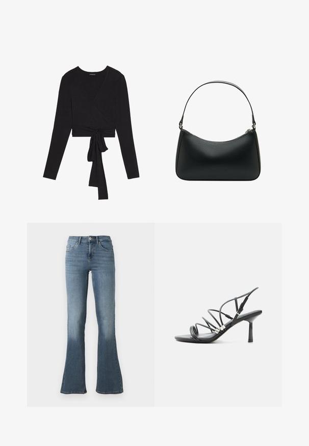 Even&Odd by Zalando T-shirt à manches longues - black; Jean en denim bleu clair avec une taille haute, fermeture par bouton et fermeture éclair, poches avant et arrière, et jambes évasées.; Sandale noire à talon haut avec fines lanières courbées, accents argentés et boucle de cheville réglable sur fond blanc.; Sac à bandoulière en cuir noir avec une forme arrondie, une seule sangle plate et une fermeture éclair supérieure. Texture lisse avec des détails matériels minimalistes.