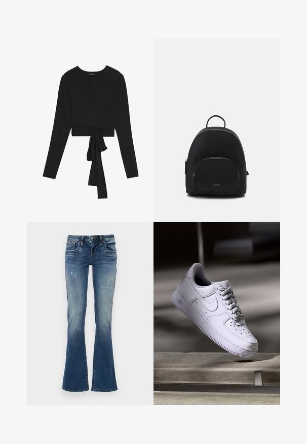 Even&Odd Langærmet T-shirt - black; Denim jeans med flair i mellemblå med udskudte områder og slidte detaljer. Har fem lommer og lynlås med knaplukning.; Hvid Nike Air Force 1 sneaker svævende over en betonoverflade med skygger i et minimalistisk miljø.; Sort rygsæk med en glat overflade, rund form, gyldne lynlåse og en frontlomme med et diskret logo.
