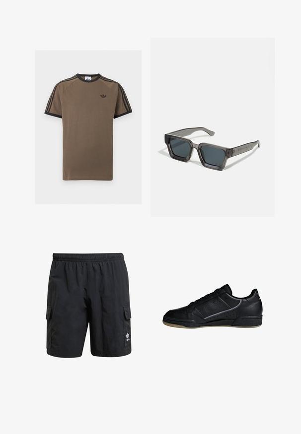 Ruskea Adidas t-paita mustalla pyöreällä kauluksella, kolme mustaa raitaa hihoissa ja pieni musta Adidas-logo vasemmassa rinnassa.; Mustat cargo-shortsit, joissa on joustava vyötärö, kaksi sivutaskua ja logo alimmaisessa lahkeessa. Valmistettu kevyestä kankaasta, jossa on sileä rakenne.; adidas Originals CONTINENTAL 80 SHOES - Matalavartiset tennarit - black; Jack & Jones JACPETER SUNGLASSES UNISEX - Aurinkolasit - grey