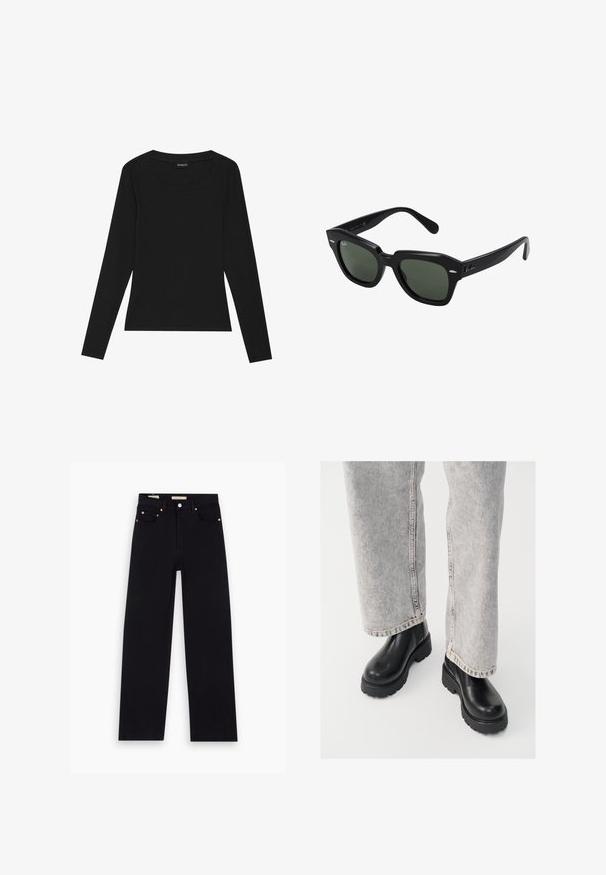 Zwarte lange mouwen ribbeltrui met een ronde halslijn en een aangesloten silhouet. De stof heeft een zachte textuur en rekbare kwaliteit.; Zwarte denim jeans met een recht model, vijf zakken, koperen hardware en een gladde textuur. Twee labels zichtbaar op de tailleband.; Vagabond COSMO - Enkellaarsjes met plateauzool - black; Zwarte vierkante zonnebril met donker groene lenzen, uitgerust met gedurfde monturen en zilveren accenten aan de zijkanten. Gemaakt in Italië.
