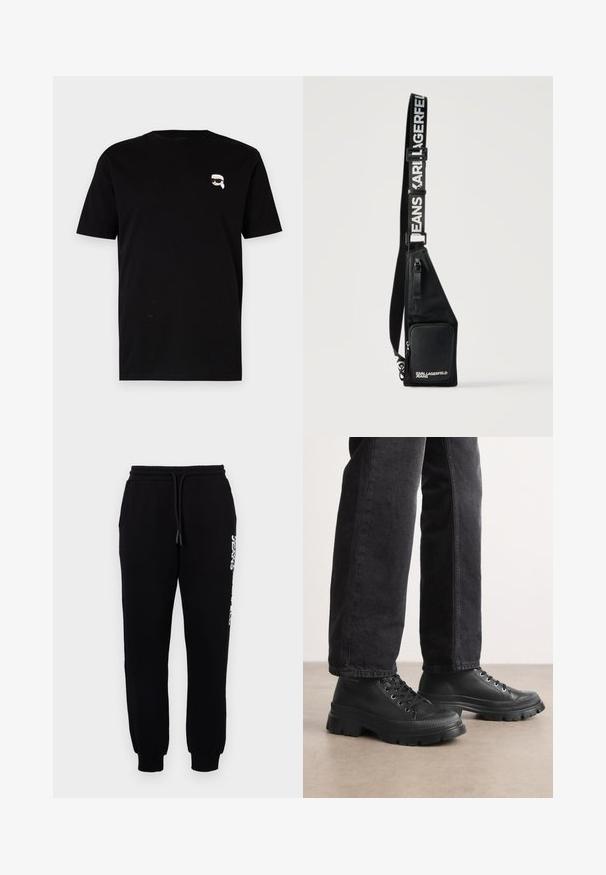 T-shirt en coton noir à manches courtes avec un petit graphique blanc d'un personnage portant des lunettes sur la poitrine gauche. Design classique à col rond.; Pantalons de survêtement noirs en tissu doux, avec une taille élastique dotée d'un cordon de serrage, des jambes fuselées et un logo sur le côté.; Baskets noires à lacets avec une semelle épaisse et texturée et un dessus lisse. Comprend des œillets en métal et un accent nervuré autour de l'orteil.; Sac bandoulière noir avec poche à zip avant et sangle réglable imprimée de "KARL LAGERFELD JEANS" en lettres blanches.