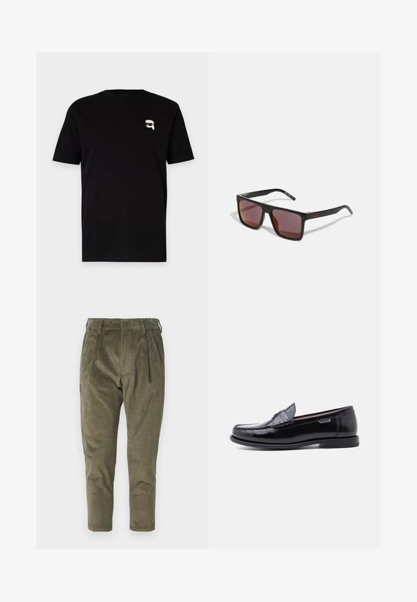 Camiseta de algodón negra de manga corta con un pequeño gráfico blanco de un personaje con gafas en el pecho izquierdo. Diseño clásico de cuello redondo.; Pantalones de pana verde oliva con un corte relajado, que presentan pliegues, una cintura elástica y piernas entalladas. Tejido texturizado con costillas verticales.; Mocasines de cuero negro con acabado brillante, que presentan un diseño cosido en la puntera y una suela baja de goma negra texturizada.; Gafas de sol rectangulares negras con lentes de color rojo oscuro, con un acabado mate y un logo rojo en la patilla. Montura de plástico resistente.