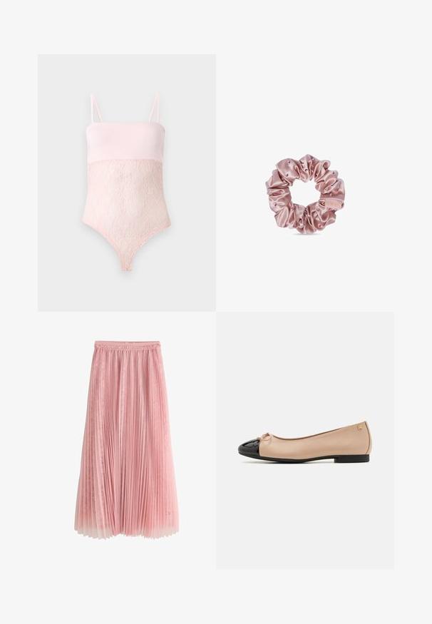 Hellrosa Spitzenbody mit Spaghettiträgern und glatter oberer Partie vor hellem einfarbigem Hintergrund.; Rosa plissierter Midirock mit einer Spitzenunterlage und einem gerafften Taillenbund, dargestellt auf einem weißen Hintergrund.; Balletschuhe mit einem beigefarbenen Satin-Obermaterial, einer schwarzen Lackleder-Zehenkappe, einer kleinen Schleifenverzierung an der Vorderseite und einem niedrigen schwarzen Absatz.; Rosa Satin-Haargummi mit kleinen dekorativen Perlen und einem kleinen Stoffetikett auf weißem Hintergrund.