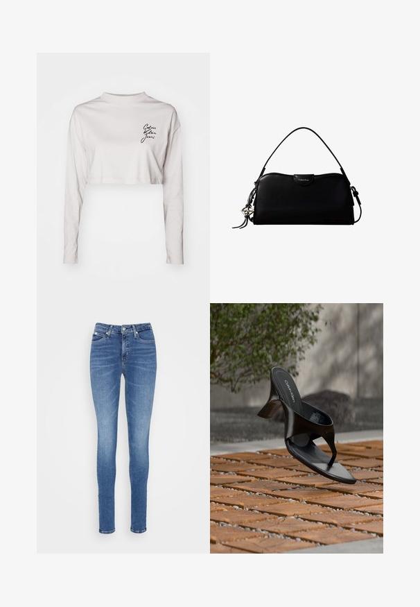 Geknipte lange mouwen shirt in lichtgrijze katoen, met een hoge hals en zwart "Calvin Klein Jeans" logo op de linkerkant van de borst.; Skinny jeans in mediumblauwe denim, met een hoge taille, zachte textuur, twee voorzakken en één achterzak.; Zwarte Calvin Klein hoge hak teenslipper die zweeft boven een betegeld buitenterrein met groen en een betonnen muur op de achtergrond.; Zwarte rechthoekige Calvin Klein handtas met enkele bovenriem, zilveren logo-ornament en een kleine klepsluiting aan de voorkant.