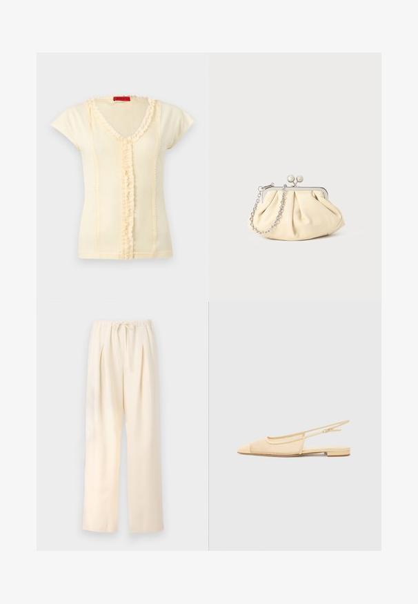 Top de manga corta en color crema con tejido acanalado y escote en V, con detalle de volantes en el centro y en el escote, y una etiqueta roja con la marca MAX&Co.; Pantalones plisados beige con cinturilla elástica y cordón ajustable. Tejido ligero y diseño de pierna ancha y recta.; Zapato plano tipo slingback en beige claro con parte superior de malla, punta afilada y tacón bajo. Cuenta con una correa ajustable para un mejor ajuste.; Clutch de cuero beige plisado con un marco de metal plateado, que cuenta con dos broches decorativos redondos y una correa de cadena plateada.