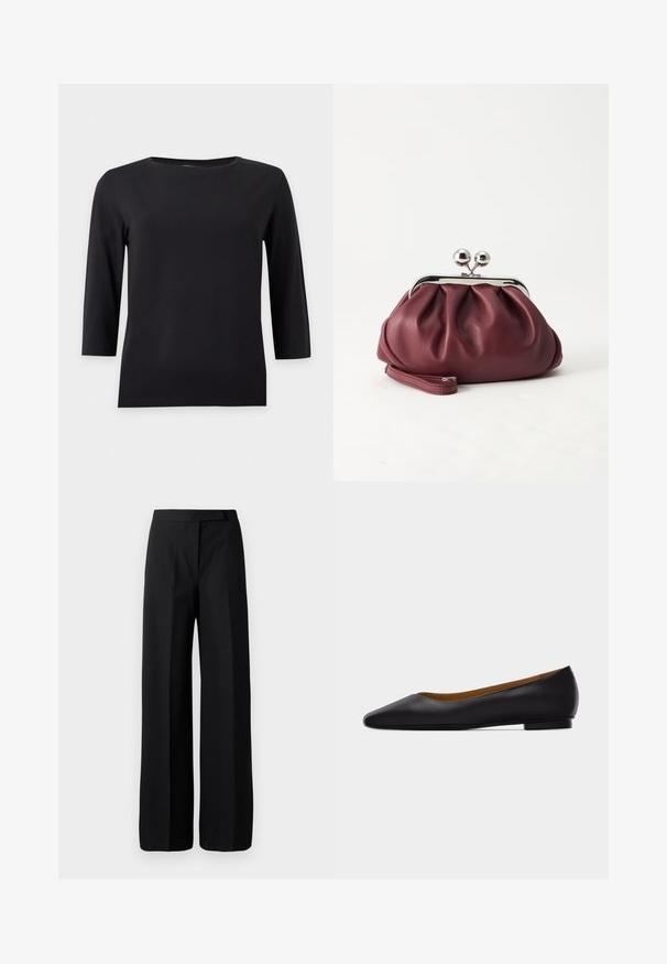 Camiseta negra de manga larga con cuello redondo y un diseño simple y ajustado sobre un fondo blanco.; Pantalones negros de pierna ancha con una textura suave y mate. Cintura plana sin herrajes visibles ni patrones. Diseño simple y elegante.; Zapato plano de punta puntiaguda de cuero negro con tacón bajo y acabado liso, mostrado de perfil sobre un fondo gris claro.; Pequeño bolso de mano de cuero burdeos con cierre metálico plateado y correa de muñeca sobre un fondo blanco.