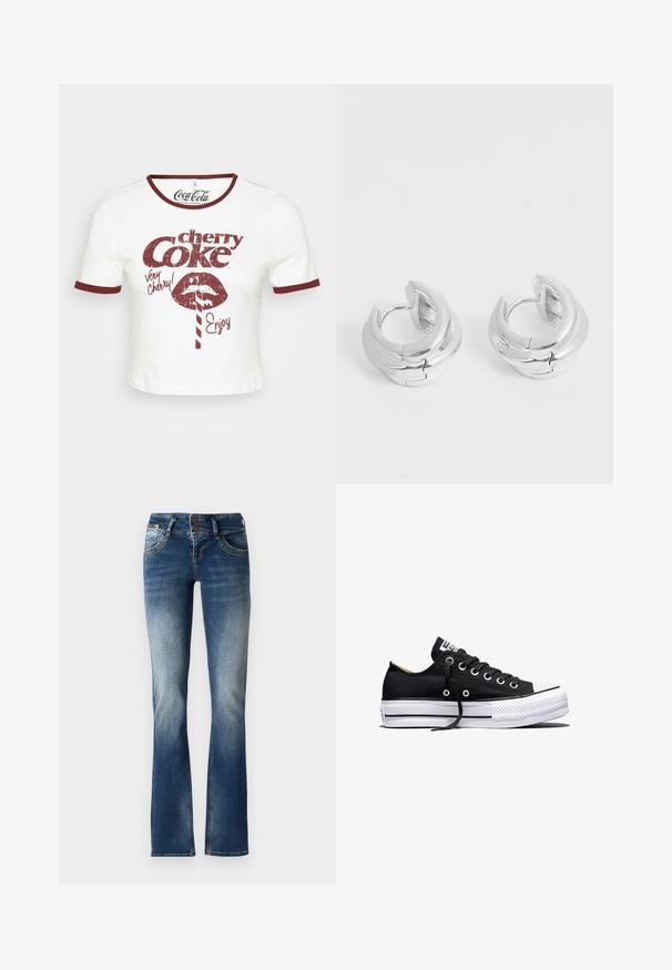Hvid kortærmet T-shirt med en rund mørkerød halsudskæring og ærmekanter. Udstyret med retro rød grafisk tekst, der siger "cherry Coke" samt en illustration af en læbe.; Blå denim flared jeans med en let falmet vask, to-knaps lukning og dekorativ broderi på forlommerne.; Sort lavt sneakers i lærred med hvid sål i gummi, sorte snørebånd og metaløjer på hvid baggrund.; Par blanke sølvfarvede metal hoop-øreringe med lagdelt halvmåne-design på en ensfarvet hvid baggrund.