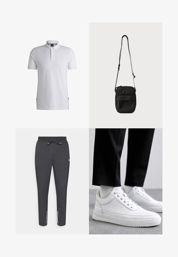 Polo blanco hecho de una mezcla de algodón, con un collar clásico, tapeta de tres botones y un sutil logotipo de la marca en el pecho. Mangas cortas.; Joggers negros ajustados con cintura elástica y cordón, bolsillos laterales con cremallera y acentos blancos en el tobillo. Hechos de una tela suave y elástica.; Zapatillas de cuero blanco con una suela de goma plana, que presentan un acabado suave, punta redonda y ojetes de metal para los cordones. Llevadas con pantalones negros.; Bolso negro de bandolera con correa ajustable, bolsillo frontal con cremallera y logo en relieve en el frente sobre fondo liso.
