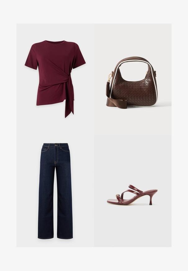Top burdeos de manga corta con cuello redondo y detalle de lazo lateral que crea un dobladillo fruncido y asimétrico sobre un fondo liso.; Jeans de corte amplio en azul oscuro hechos de denim, con una cintura alta, cuatro bolsillos y costuras en contraste a lo largo de las costuras.; Sandalias de tacón alto de charol burdeos con puntera cuadrada, dos correas delgadas y una hebilla decorativa dorada en el lateral.; Bolso de mano de piel trenzada marrón con ribete blanco, cremallera dorada y correa de hombro de tela marrón desmontable.