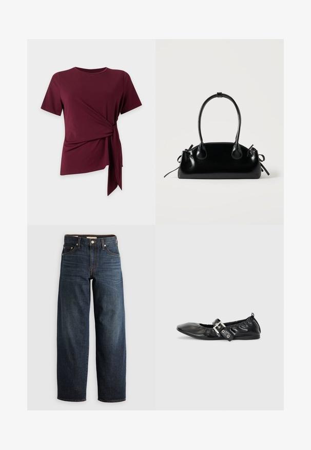 Weinrotes kurzärmeliges Oberteil mit rundem Ausschnitt und seitlicher Schleifendetail, das einen gerafften, asymmetrischen Saum vor einem einfarbigen Hintergrund bildet.; Dunkelblaue Jeans aus Denim mit einem geraden Bein-Design, Fünf-Taschen-Stil und Steppnähten sowie einem Knopfverschluss.; Schwarze Leder-Ballerinas mit spitzem Zehenbereich, gerafften Details am Schaft und einem silbernen Schnallenakzent am verstellbaren Riemen.; Kleine schwarze glänzende Handtasche mit zwei langen Griffen und seitlichen Kordelzug-Details vor einfachem hellem Hintergrund.