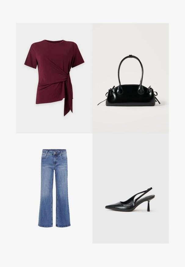 Vínový top s krátkym rukávom, okrúhlym výstrihom a detailom na bočnom viazaní, ktorý vytvára nariasený, asymetrický lem na jednoduchom pozadí.; My Essential Wardrobe MWLOUIS HIGH WIDE - Džínsy s rovným strihom - medium blue wash; Čierna kožená sandálová vysoká topánka s špicatou špičkou a štíhlým podpätkom na bielom pozadí.; Malá čierna lesklá kabelka s dvoma dlhými rúčkami a bočnými šnúrkovými detailmi na jednoduchom svetlom pozadí.