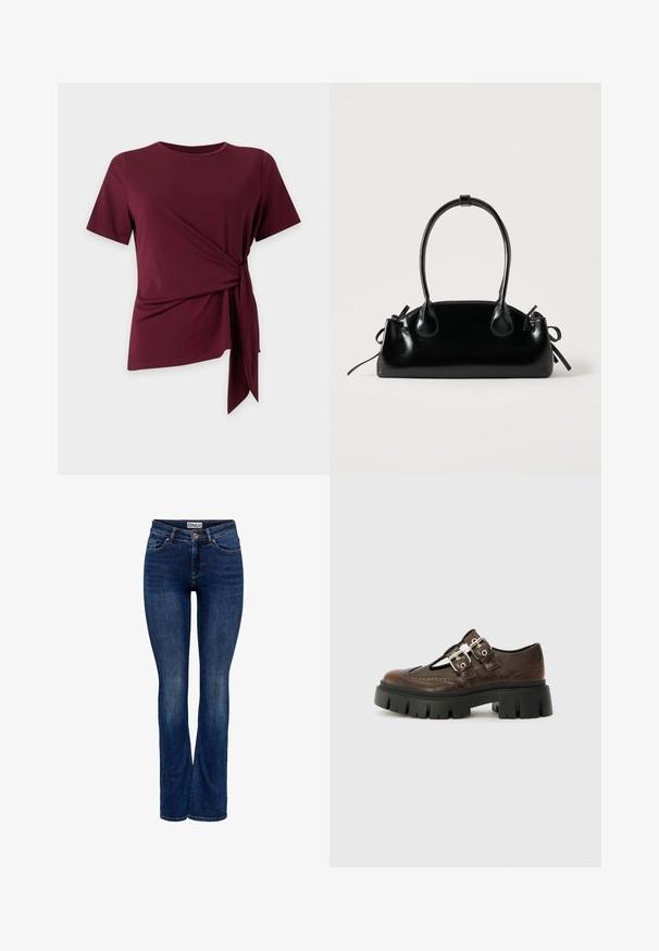 Vinrød kortærmet top med rund hals og sidestropdetalje, der skaber en rynket, asymmetrisk kant på en ensfarvet baggrund.; Mørkeblå denim jeans med let falming, fem-pockets design, knaplukning og bootcut benstil, mærket "ONLY" på linningen.; Brune lædersko med udskæringsdesign, dobbelte sølvspænder, sort chunky sål og broguedetaljer langs kanterne.; Lille sort blank håndtaske med to lange håndtag og snøre-detaljer i siden på en ensfarvet lys baggrund.