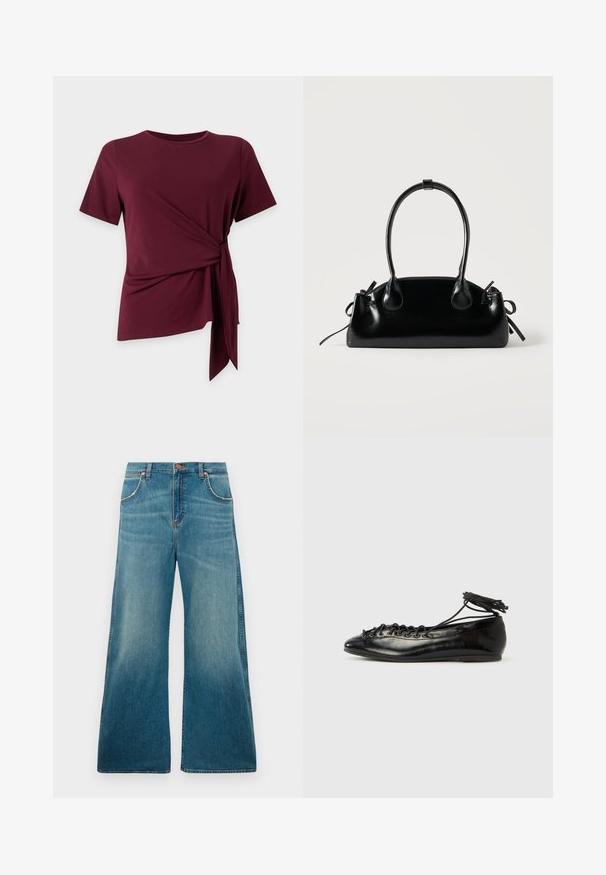 Weinrotes kurzärmeliges Oberteil mit rundem Ausschnitt und seitlicher Schleifendetail, das einen gerafften, asymmetrischen Saum vor einem einfarbigen Hintergrund bildet.; Hochtaillierte blaue Jeans aus Denim mit weitem Bein, frontalen Taschen, Knopfverschluss und einem verblassten Farbverlauf von der Taille bis zum Saum.; Schwarze Ballerinas aus Lackleder mit runder Spitze, Schnürdesign und flacher Sohle. Glatte Textur mit minimaler Verzierung.; Kleine schwarze glänzende Handtasche mit zwei langen Griffen und seitlichen Kordelzug-Details vor einfachem hellem Hintergrund.