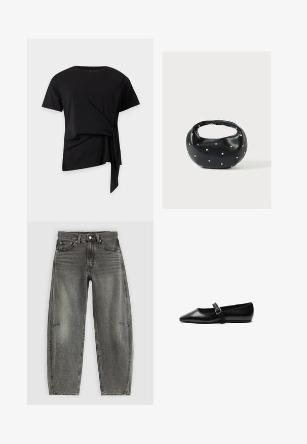 Zwarte top met korte mouwen, ronde hals en asymmetrisch zijstriktje, hangend tegen een effen lichte achtergrond.; Hoge taille grijs gewassen denim jeans met vijf zakken, knoopsluiting en een ontspannen rechte pasvorm.; Zwarte platte schoen van leer met een spitse neus, verstelbare band met een metalen gesp, een gladde textuur en een minimalistisch ontwerp.; Zwarte leren handtas met een afgeronde vorm, versierd met zilveren studs, en een korte handgreep. Gladde textuur en ritsluiting.