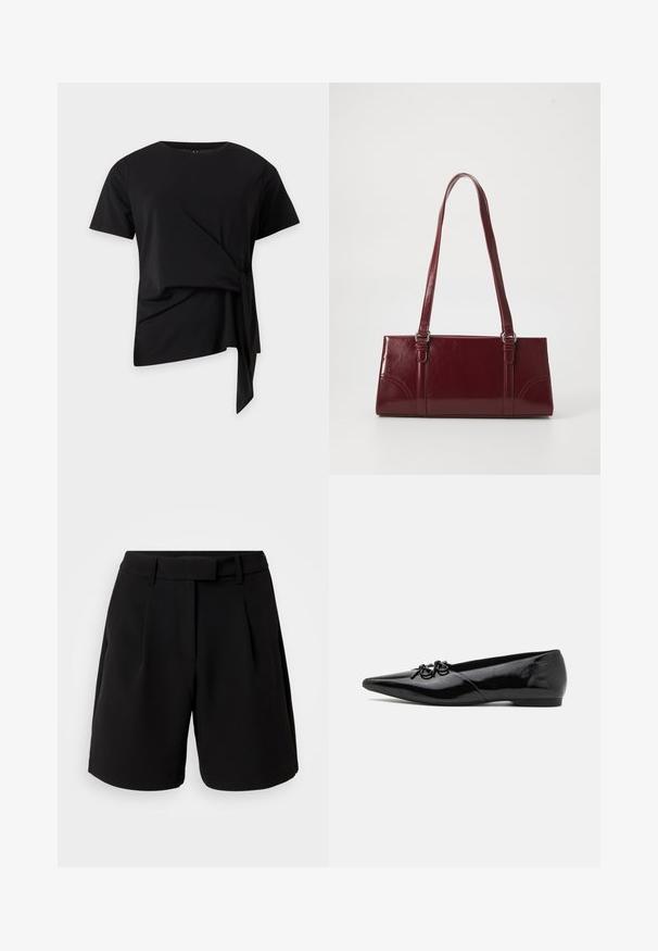 Haut noir à manches courtes avec encolure ronde et détail noué asymétrique sur le côté, suspendu sur un fond clair uni.; Shorts noirs ajustés, en tissu lisse, avec une taille haute, des plis, des passants de ceinture et des poches latérales, au design épuré.; Ballerines en cuir verni noir avec un bout pointu, présentant un nœud décoratif à l'avant et un design de talon bas et élégant.; Sac à main bordeaux en matériau brillant, de forme rectangulaire, avec deux anses et des accents légèrement courbés à l'avant.