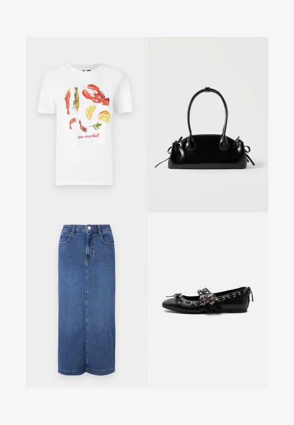 Witte katoenen t-shirt met een gedrukte afbeelding van rode kreeften, garnalen en schijfjes citroen, met de tekst "zeemarkt" in het rood.; Denim maxi rok in donkerblauw, met een rechte snit, een tailleband met knoopsluiting en minimale stikdetails.; Zwarte platte balletschoen met dubbele gespsluitingen, zilveren oogjes en een klein strikje nabij de afgeronde neus op een witte achtergrond.; Kleine zwarte glanzende handtas met twee lange hengsels en zijkant trekkoord details op een effen lichte achtergrond.