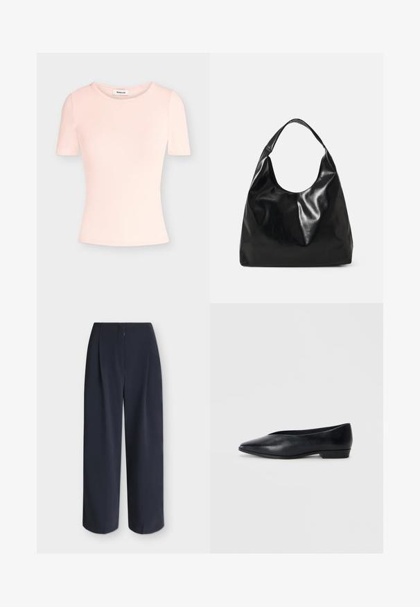 Haut en maille côtelée rose clair à manches courtes, avec un col rond et une silhouette ajustée, présenté sur un fond uni.; Pantalon bleu marine à jambes larges avec taille haute et coupe droite, présenté à plat sur un fond neutre.; Chaussure plate en cuir noir avec un bout pointu, un léger talon surélevé et une surface lisse. Design simple sans matériel ou motifs visibles.; Sac hobo en cuir noir avec une texture douce et brillante et un haut ouvert arrondi. Dispose d'une large sangle courbée pour le transport. Pas de matériel visible.