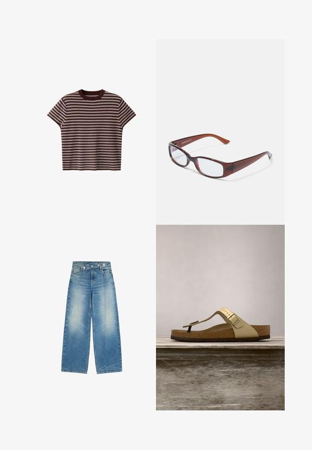 Haut tricoté marron à manches courtes avec des rayures horizontales blanches et un col rond sur fond blanc.; Jean en denim bleu à jambes larges avec devant délavé, poches avant et un détail unique de ceinture diagonale boutonnée.; Sandale avec semelle en liège de couleur or clair, dotée d'un design à tongs et d'une boucle ajustable. Présente une semelle extérieure texturée pour une meilleure adhérence. Schéma de couleurs neutres.; Lunettes rectangulaires teintées de brun avec une finition brillante, dotées de branches fines et de verres transparents. Logo visible sur la branche gauche.