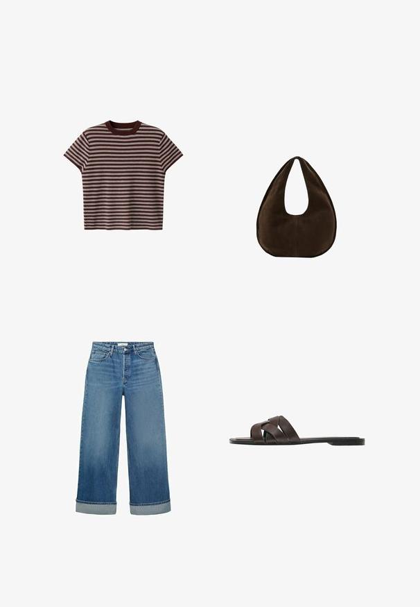 Kortærmet, brun strikbluse med hvide vandrette striber og rund halsudskæring på hvid baggrund.; Bredde ben blå denim jeans med mellem vask og oprullede manchetter. Har klassisk fem-lomme stil og knaplukning.; Flad mørkebrun sandel med tre brede krydsende læderremme og en tynd sål.; Mørkebrun ruskind skuldertaske formet som en halvmåne med en bred rem og glat tekstur på en hvid baggrund.