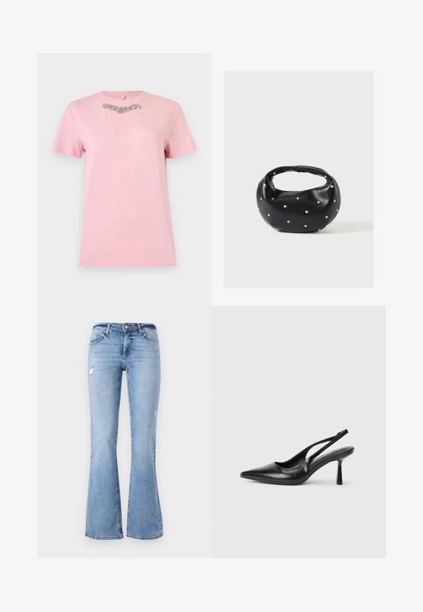 T-shirt rose clair à manches courtes avec un col rond et un groupe de strass transparents ornant la partie supérieure de la poitrine.; Jeans en denim bleu clair évasés avec un design usé, présentant une fermeture à bouton à l'avant, des passants de ceinture et plusieurs poches.; Chaussure à talon haut en cuir noir, à bride arrière, avec un bout pointu et un talon fin sur fond blanc.; Sac à main en cuir noir de forme arrondie, décoré de clous argentés et équipé d'une poignée courte. Texture lisse et fermeture éclair.