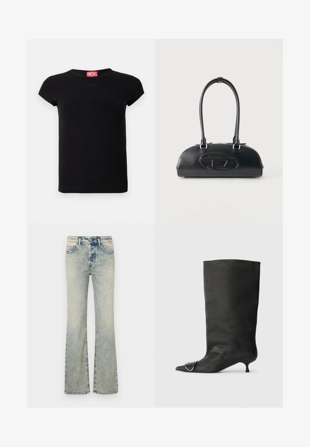 T-shirt noire à manches courtes, ajustée, avec un col rond et une étiquette rouge de la marque Diesel à l'intérieur du col.; Jean flare bleu clair en denim, avec un design à cinq poches, des détails de couture et une taille régulière avec une fermeture à bouton.; Bottines en cuir noir à bout pointu, petite talon et détail métallique sur le bout. Texture lisse et mate partout.; Sac à main en cuir noir avec longues poignées doubles et logo ovale embossé sur le devant, présenté sur un fond clair uni.