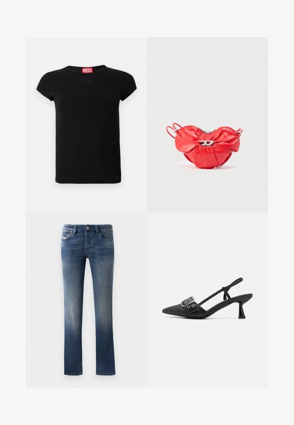 Camiseta ajustada de manga corta negra con cuello redondo y etiqueta roja de Diesel dentro del cuello.; Jeans de denim azul oscuro con un diseño de pierna recta, que presentan un ligero desgaste en los muslos y un estilo clásico de cinco bolsillos.; Simmi London DALA - Tacones - black; Bolso de mano de cuero rojo con forma de corazón, diseño fruncido, cremallera plateada y un destacado logo metálico en la parte frontal.