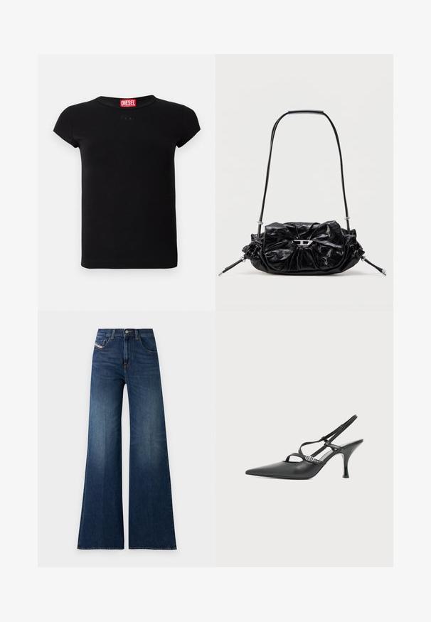 T-shirt noire à manches courtes, ajustée, avec un col rond et une étiquette rouge de la marque Diesel à l'intérieur du col.; Jeans taille haute, bleu foncé, à jambe large, avec poches avant et à pièce, fermeture à bouton et détails de décoloration subtile sur les cuisses.; Chaussure à talon haut en cuir noir avec bride arrière, bout pointu, fines lanières et petite boucle argentée sur fond blanc uni.; Sac à main en cuir noir avec un design froncé et un détail en forme de nœud sur le devant. Dispose d'une poignée courte et d'accents de quincaillerie argentée.