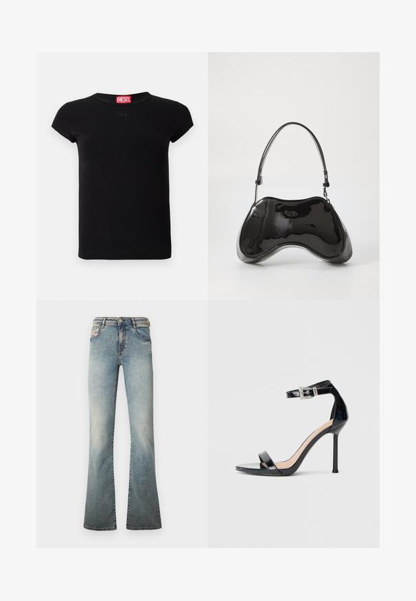 Sort kortærmet tætsiddende T-shirt med rund halsudskæring og rød Diesel-logo etiket indeni kraven.; Lyseblå udvidede jeans lavet af denim, med fem lommer, knaplukning og subtil falmning på benene.; Sort højhælet sandal i laklæder med ankelrem. Har minimalistisk design, åben tå og spænde med rhinsten-detaljer.; Sort patentlæder håndtaske med en unik buet form, kort justerbar hank og en lynlåslukning i toppen. Glat tekstur med diskret branding.