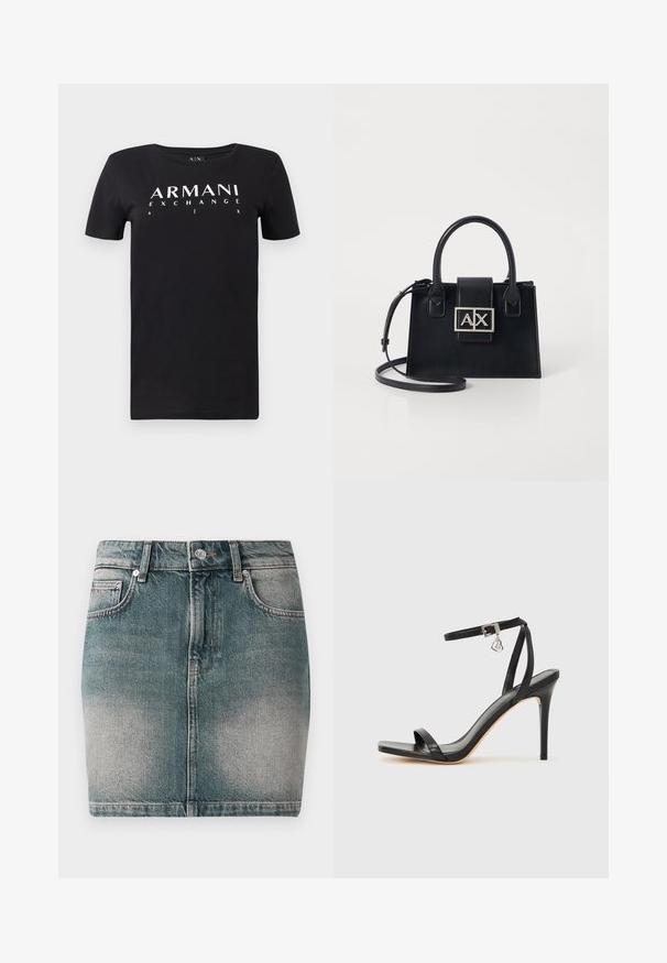 Camiseta negra de manga corta con texto blanco "ARMANI EXCHANGE A I X" centrado en el pecho, cuello redondo y diseño sencillo.; Falda mini de mezclilla azul con botón y cremallera en el frente, dos bolsillos frontales y detalles desgastados en los muslos.; Sandalia de tacón alto negra con una estrecha correa en el tobillo, punta cuadrada, material de cuero liso y detalle de hebilla metálica.; Bolso de mano de cuero negro con un diseño estructurado, asas superiores y una correa de hombro desmontable. Presenta una placa de logo en tono plata y una textura suave.