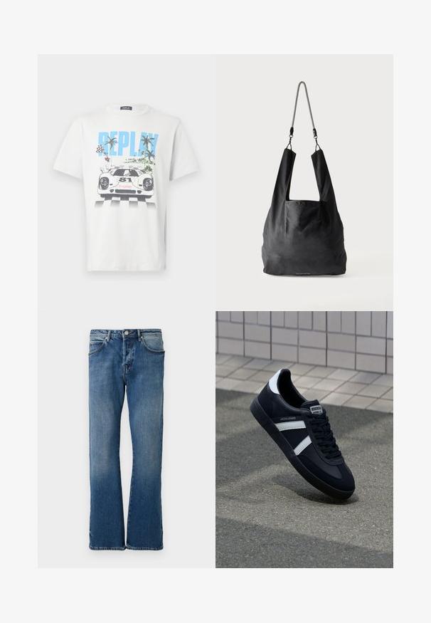 Hvid bomulds-T-shirt med et farverigt motiv af en racerbils, palmer og ternede flag, med "REPLAY" tydeligt vist.; Lyseblå denimjeans med lige ben-design, der har fem lommer, en knap-lukning og diskret falmning på stoffet.; Sort lædersneaker med hvide striber, tekstureret gummisål og snørrebånd foran. Har et brandet mærke på tungen.; Sort blød stofnettaske med brede håndtag og en tynd sort-hvid flettet skulderrem.