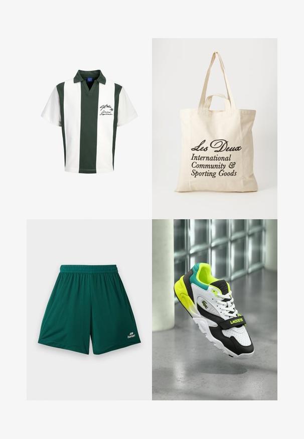 Polo rugby à manches courtes avec larges rayures verticales vertes et blanches et texte en écriture noire sur le côté gauche de la poitrine.; Shorts de sport en mesh vert foncé avec ceinture élastique et petit logo blanc « bareera » sur la partie inférieure de la jambe droite.; Chaussures de sport blanches, noires et vert néon avec une finition texturée, dotées d'une sangle proéminente portant l'inscription "LACOSTE" et d'un accent logo.; Sac tote en coton beige avec deux poignées robustes. Présente un texte imprimé en noir : "Les Deux International Community & Sporting Goods."