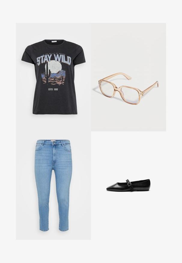 Schwarzes Baumwoll-T-Shirt mit einem grafischen Druck einer Wüstenlandschaft mit Kakteen, einem Mond und dem Schriftzug "STAY WILD" in blauer Schrift.; Helle blaue hochtaillierte Skinny-Jeans mit Knopf- und Reißverschluss, Front- und Gesäßtaschen sowie knöchellangem Schnitt.; Schwarze flache Schuhe aus Leder mit spitzem Fuß, verstellbarem Riemen mit einer Metallschnalle, glatter Textur und minimalistischem Design.; Transparente, hellbraune, rechteckige Brillengestelle mit klaren Gläsern, auf weißem Hintergrund dargestellt.