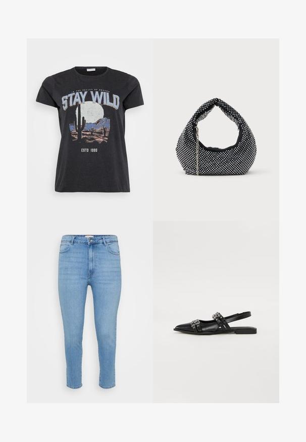 Zwarte katoenen t-shirt met een grafische print van een woestijnlandschap met cactussen, een maan en de tekst "STAY WILD" in blauwe letters.; Lichtblauwe hoge taille skinny jeans met knoop- en ritssluiting, voor- en achterzakken en enkel-langte snit.; Even&Odd by Zalando Slingback ballerina´s - black; Zwarte mesh handtas versierd met zilveren studs, met een gebogen handvat en een kettingschouderriem. Zachte textuur met een ronde vorm.