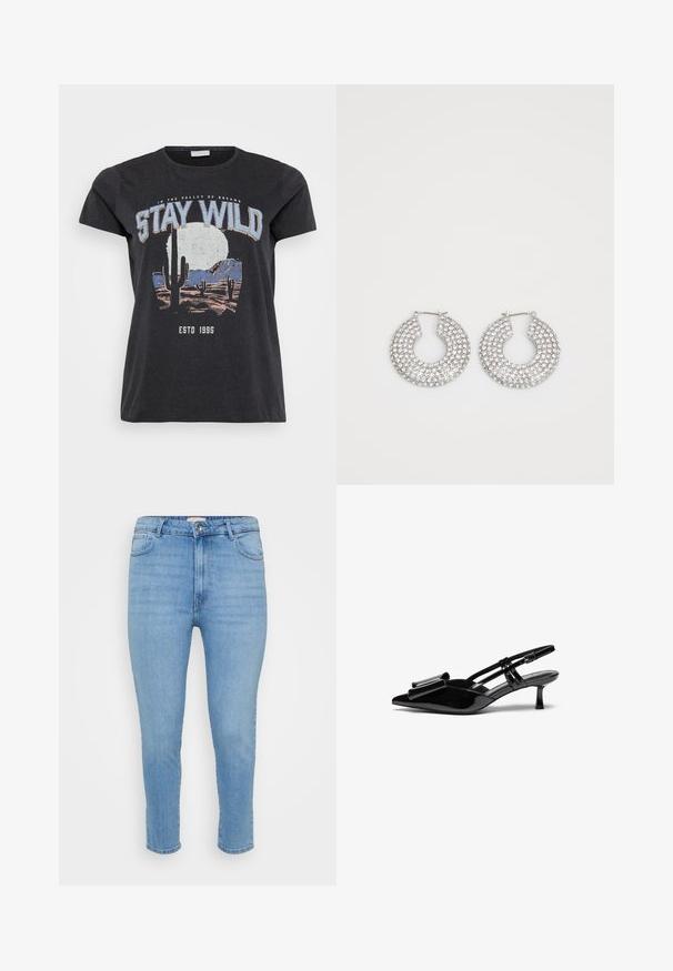 Čierne bavlnené tričko s grafickým potlačou púštnej scény s kaktusmi, mesiacom a nápisom "STAY WILD" v modrom písme.; Svetlomodré jeans s vysokým pásom, úzke nohavice, s gombíkom a zipsom, predné a zadné vrecká a dĺžka po členky.; Čierne lakované kožené slingback opätky s špicatou špičkou, mašľou na prednej strane a malým ihličkovým podpätkom. Popruhy majú nastaviteľné spony.; Strieborné kruhové náušnice zdobené viacerými čírymi kryštálmi, s textúrovaným povrchom a otvoreným kruhovým dizajnom.