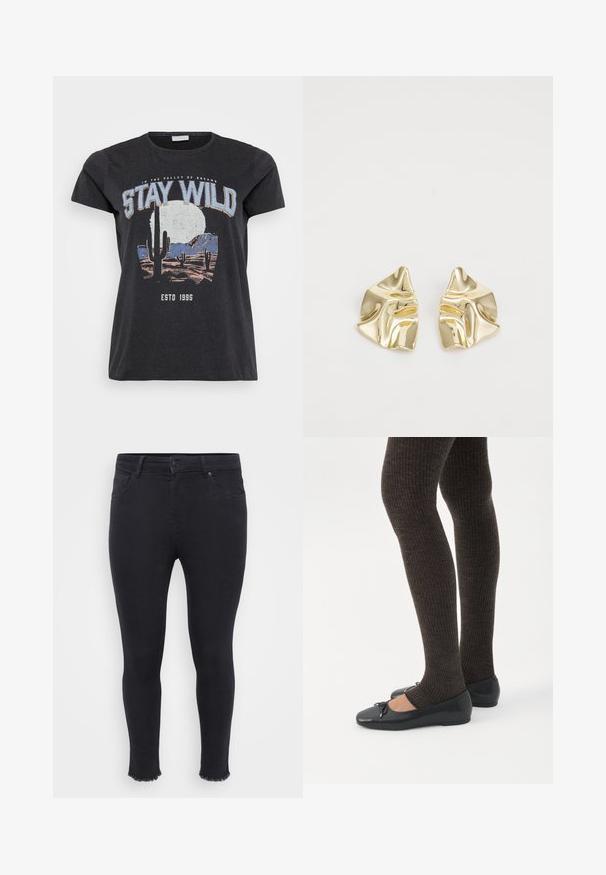 Sort bomulds t-shirt med et grafisk print af en ørken-scene med kaktusser, en måne og sætningen "STAY WILD" i blå skrifttype.; Sorte tætsiddende jeans lavet af denim med en frynset kant ved anklen, to forlommer og en knaplukning i taljen.; Ben iført mørke ribbede leggings kombineret med sorte balletsko med små sløjfedetaljer på hvid baggrund.; Guldmetalløreringe med et bølget design; glat, reflekterende overflade; asymmetrisk form; ingen synlige mønstre eller hardware.