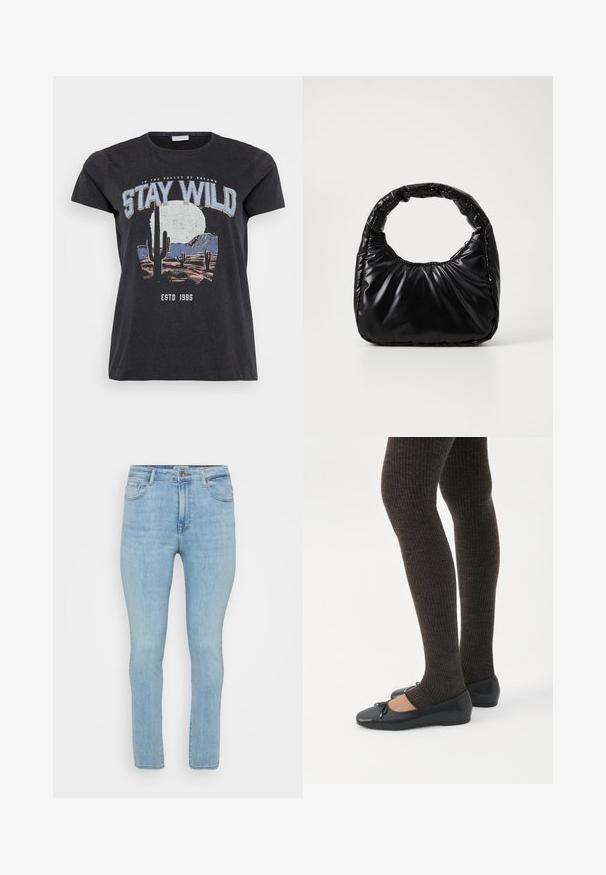 Sort bomulds t-shirt med et grafisk print af en ørken-scene med kaktusser, en måne og sætningen "STAY WILD" i blå skrifttype.; Lyseblå denimjeans med slim fit, der har fem lommer, bæltestropper og en standard lynlås med knaplukning.; Ben iført mørke ribbede leggings kombineret med sorte balletsko med små sløjfedetaljer på hvid baggrund.; Sort polstret håndtaske med et rundt håndtag, der har en glat, skinnende overflade og en blød, kviltet tekstur. Ingen synlige hardware eller accenter.