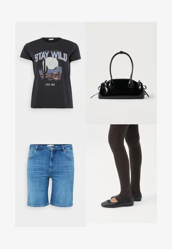 Zwarte katoenen t-shirt met een grafische print van een woestijnlandschap met cactussen, een maan en de tekst "STAY WILD" in blauwe letters.; Denim short in een middelblauwe kleur, met een rechte snit, vijf-pocket ontwerp en een knoopsluiting. Zachte textuur, schone afgewerkte randen.; Benen met donkere geribbelde leggings gecombineerd met zwarte ballerina's met kleine strikdetails op een witte achtergrond.; Kleine zwarte glanzende handtas met twee lange hengsels en zijkant trekkoord details op een effen lichte achtergrond.