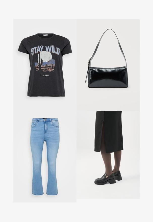 Sort bomulds t-shirt med et grafisk print af en ørken-scene med kaktusser, en måne og sætningen "STAY WILD" i blå skrifttype.; Lyseblå flagrende jeans i denim af bomuld. Features høj talje, fem lommer og synlige sømme langs sømme og kant.; Kvinde iført sorte loafers med chunky hæl, sorte tynde strømpebukser og en sort nederdel med slids bagpå på hvid baggrund.; Sort rektangulær skuldertaske med en enkelt justerbar rem og lynlås i toppen på en ensfarvet baggrund.