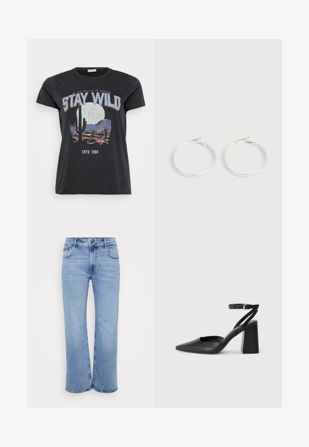 Sort bomulds t-shirt med et grafisk print af en ørken-scene med kaktusser, en måne og sætningen "STAY WILD" i blå skrifttype.; Lysblå vidde jeans lavet af denim, med fem lommer, en frontlynlås og en knaplukning. Subtile syninger langs sømmene.; Sort læder spidse pumps med ankelrem og en chunky hæl. Flad tekstur, slankt design og minimalistisk æstetik.; Par skinnende sølvøreringe med tynde trådlåse, vist på en lys grå baggrund.