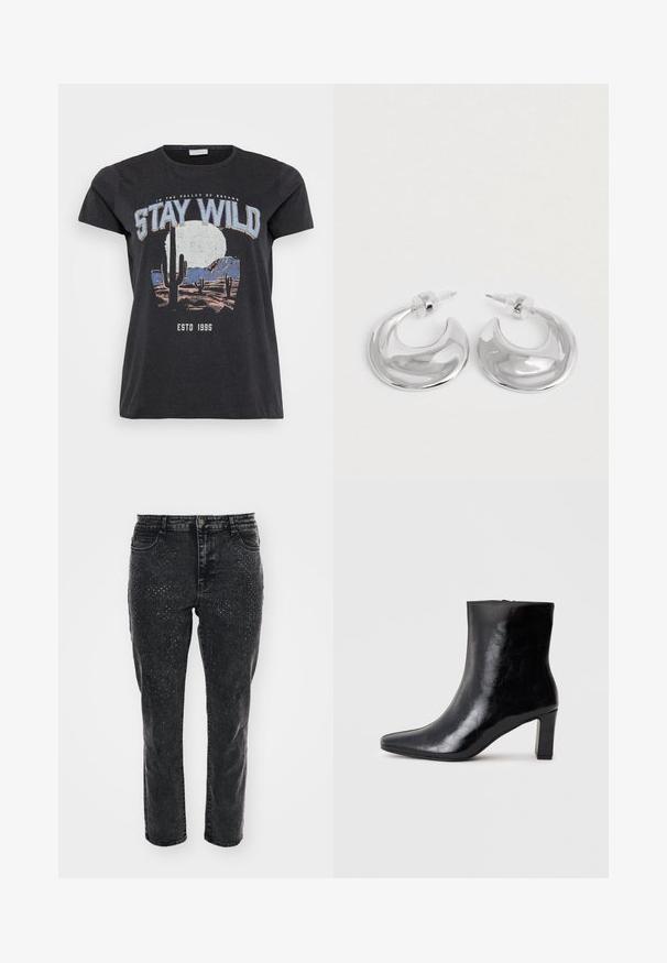 Sort bomulds t-shirt med et grafisk print af en ørken-scene med kaktusser, en måne og sætningen "STAY WILD" i blå skrifttype.; Sorte denimjeans med lige ben-design og tilføjede rhinsten-dekorationer foran for detaljer. Klassisk fem-lomme styling.; Sorte ankelstøvler lavet af blank læder, med spidse tæer og en mellemstor blokhæl, med en glat tekstur og et enkelt design.; Et par polerede sølv halvmåneformede hoop øreringe med klare plastikbagsider på en hvid overflade.