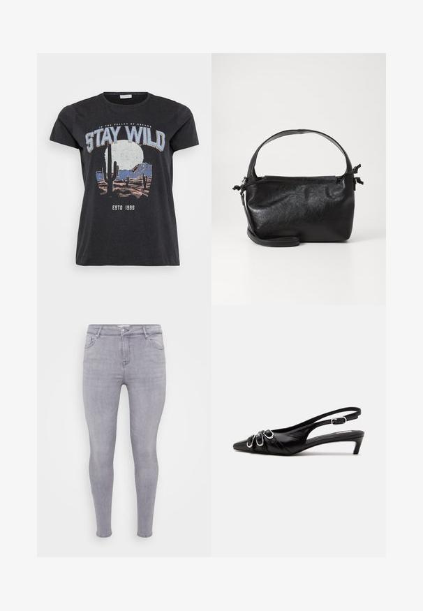 Sort bomulds t-shirt med et grafisk print af en ørken-scene med kaktusser, en måne og sætningen "STAY WILD" i blå skrifttype.; Grå skinny jeans lavet af denim, med klassisk fem-lomme design, lynlås i front og en glat overflade med let stræk.; Sort læder slingback sko med spids tå, tre sølvspænder på forsiden og lav lille hæl på hvid baggrund.; Sort læderhåndtaske med et struktureret design, rund tophåndtag og aftagelig skulderrem. Den har en glat tekstur og en subtil glans.