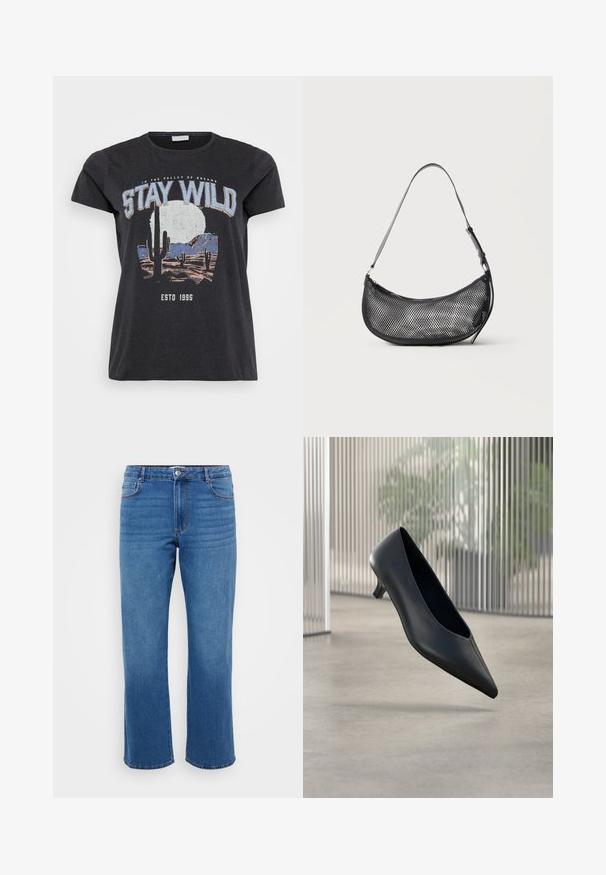 Schwarzes Baumwoll-T-Shirt mit einem grafischen Druck einer Wüstenlandschaft mit Kakteen, einem Mond und dem Schriftzug "STAY WILD" in blauer Schrift.; Blaue Jeans aus Denim mit geradem Beinansatz, ausgestattet mit einem Knopfverschluss, klassischem Fünf-Taschen-Design und subtiler, ausgewaschener Textur an den Oberschenkeln.; Schwarzer spitzer Kitten-Heel-Schuh, der über einem glatten Betonboden mit vertikalen transluzenten Paneelen im Hintergrund schwebt.; Kleine schwarze Netz-Schultertasche in Halbmondform mit verstellbarem dünnem Riemen vor schlichtem, hellem Hintergrund.