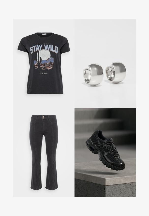 Sort bomulds t-shirt med et grafisk print af en ørken-scene med kaktusser, en måne og sætningen "STAY WILD" i blå skrifttype.; Sorte denim jeans med flared ben og høj talje, der har to forlommer og dobbeltknaplukning, glat tekstur og minimale syninger.; Sort Nike løbesko med mesh og syntetisk overdel, der svæver over en betonoverflade og trin i baggrunden.; Uncommon Matters SCULPTURAL LARGE CREOLE - Øreringe - silver-coloured