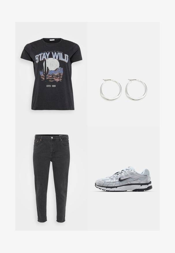 Sort bomulds t-shirt med et grafisk print af en ørken-scene med kaktusser, en måne og sætningen "STAY WILD" i blå skrifttype.; Slanke sorte denim jeans med frontknap og lynlås, bæltestropper og fem lommer, vist på en ensfarvet lys baggrund.; Nike P-6000 sneakers med en lys grå mesh overdel, sorte accenter og en holdbar sort gummisål. Har et detaljeret design og snøresystem.; Sølv hoops øreringe har et glat, afrundet design med en slank profil og sikker spænde. Minimalistisk stil med en poleret finish.