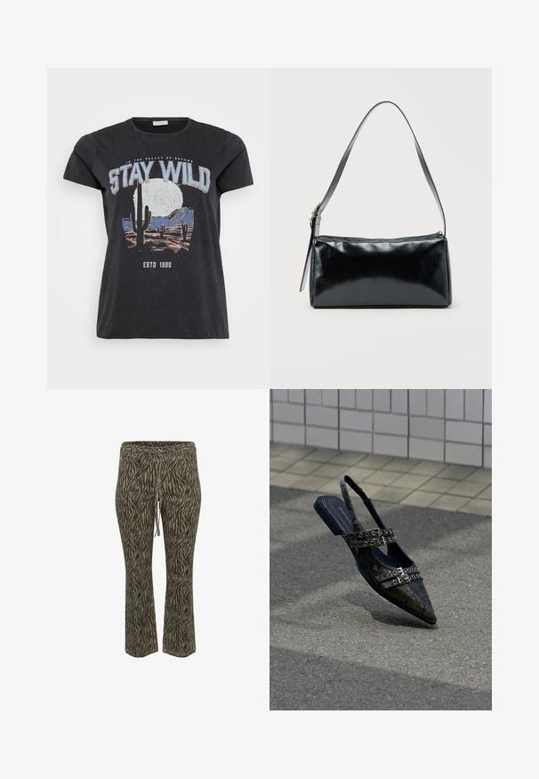 Sort bomulds t-shirt med et grafisk print af en ørken-scene med kaktusser, en måne og sætningen "STAY WILD" i blå skrifttype.; Buks med elastisk talje og snøre i khaki og beige zebra mønster. Mellemhøj talje, flared ben design, blød tekstur. Velegnet til afslappet brug.; Spidse slingback-sko i sort imiteret slangeskind med dobbelt spænde og lav hæl, der har en glat tekstur og moderne design.; Sort rektangulær skuldertaske med en enkelt justerbar rem og lynlås i toppen på en ensfarvet baggrund.