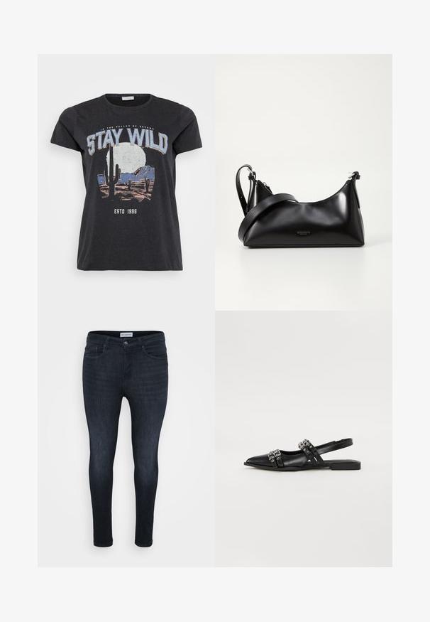 Sort bomulds t-shirt med et grafisk print af en ørken-scene med kaktusser, en måne og sætningen "STAY WILD" i blå skrifttype.; Mørkeblå skinny jeans med en glat overflade, der har et klassisk fem-lomme-design og en lynlås med knaplukning.; Even&Odd by Zalando Slingback-ballerinasko - black; Sort læderhåndtaske med en glat tekstur. Har en justerbar stropp og et enkelt, minimalistisk design med lynlås.