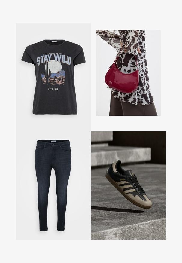 Sort bomulds t-shirt med et grafisk print af en ørken-scene med kaktusser, en måne og sætningen "STAY WILD" i blå skrifttype.; Mørkeblå skinny jeans med en glat overflade, der har et klassisk fem-lomme-design og en lynlås med knaplukning.; Sort og beige lædersneaker med tre hvide striber, tanfarvet gummisål og gyldent "Samba"-detalje på siden.; Kvinde iført en sort- og hvidmønstret bluse, der holder en blank rød skuldertaske mod en ensfarvet baggrund.